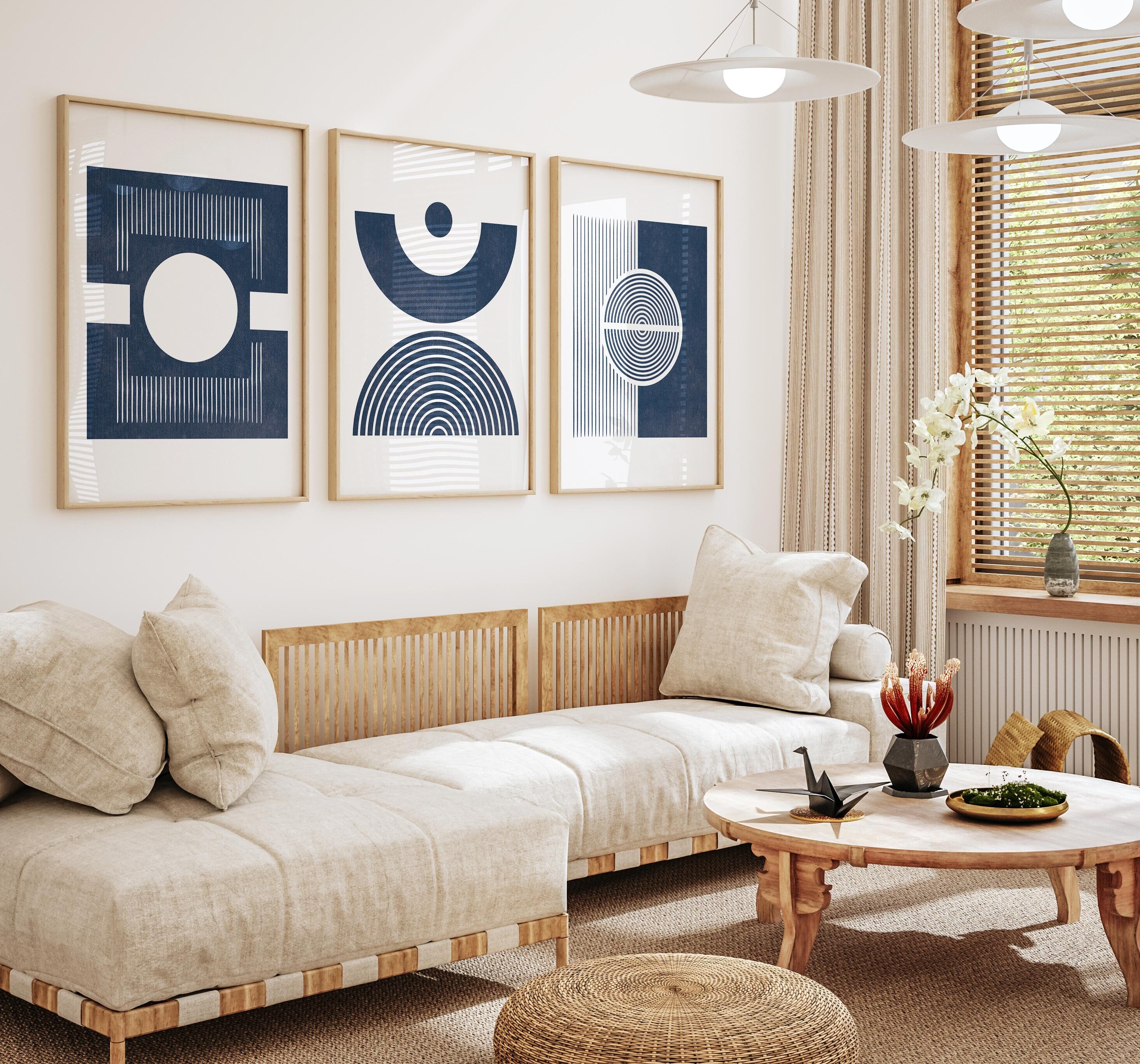 Navy Blue Wall Art Set Mid Century Modern Blue 3 Piece Art - Etsy
