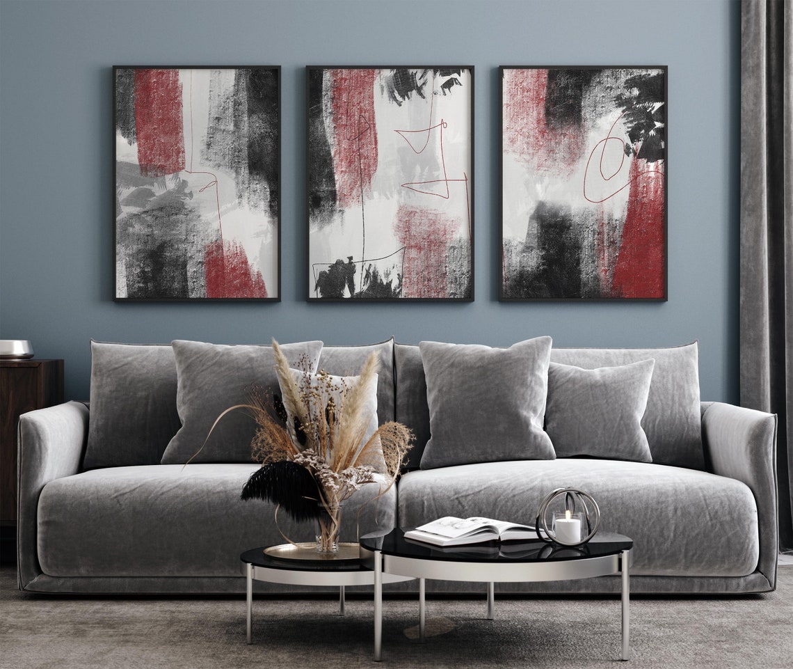 Abstract Red and Black 3 Piece Wall Decor, Minimalist Black Printable
