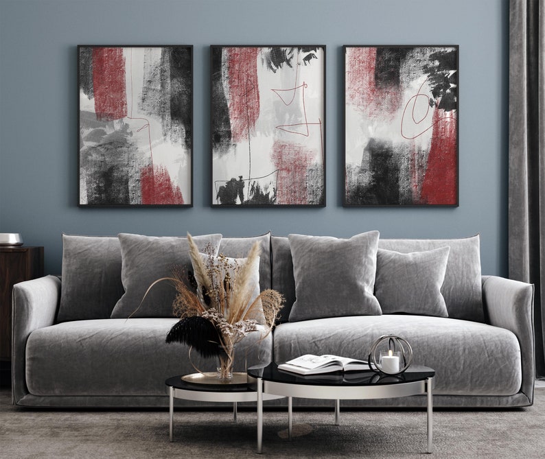 Abstract Red and Black 3 Piece Wall Decor, Minimalist Black Printable