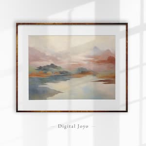 Vintage Lake Scenery Oil Print: Farmhouse Mountain Art (Digital Download)