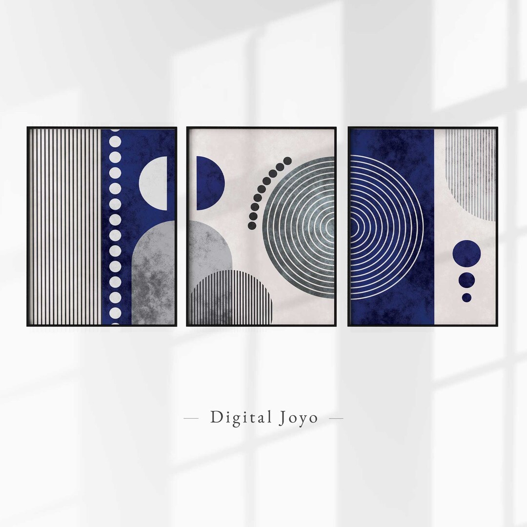 3 Piece Art Prints, Navy Blue Wall Art, Blue Grey White Wall Art, Navy