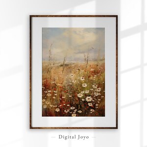 Neutral wildflower oil painting, Vintage botanical wall art, Rustic farmhouse decor, Muted meadow still life print, Vintage garden art