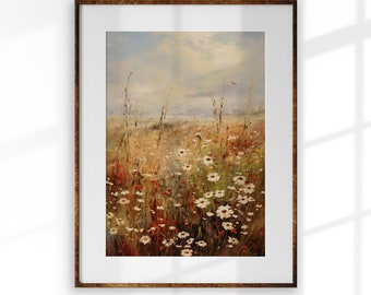 Pintura al óleo de flores silvestres neutras: Impresión vintage de estilo rústico (descarga digital)