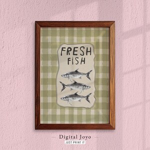 Olive Gingham Fish Art Print: Cottagecore Kitchen Decor (Digital Download)