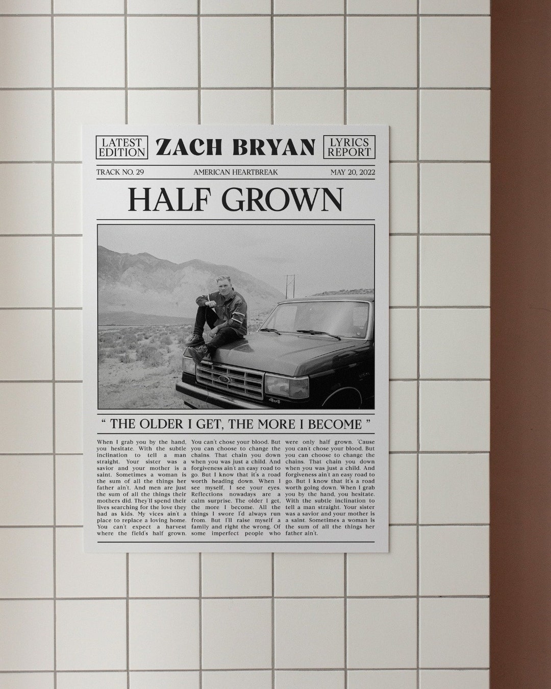 ZACH BRYAN Half Grown Retro Newspaper Print, Poster, Zach BRYAN Half