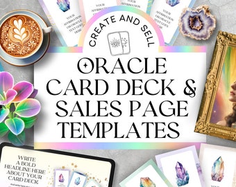 Plantilla de Canva para crear cartas de oráculo, baraja de afirmaciones DIY, plantilla de Canva para página de ventas, barajas de cartas editables con plantilla para imprimir.