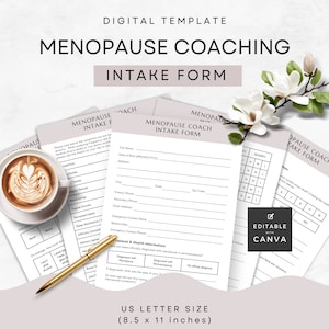 Op de afbeelding: Een afdrukbare digitale sjabloon voor een intakeformulier voor een menopauzecoach. Het formulier bevat secties voor persoonlijke informatie, symptomen en medische geschiedenis. Het formulier is ontworpen om te worden bewerkt in Canva en is US Letter-formaat (8,5 x 11 inch).