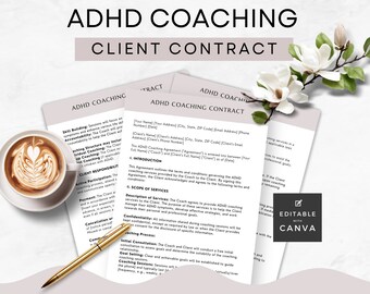 ADHD Coaching Contract, New Client Agreement Canva Template, US Letter, Editable Printable Digital Template, Coach Business Tools
