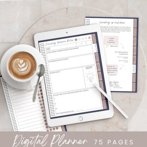 May include: A digital planner with a light blue and white cover. The cover has the text "Coaching Session Notes" and "Digital Planner 75 Pages". The planner is open to a page with a section for "Session Notes" and "Action Items to be Completed Before Next Session".