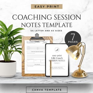 May include: A digital coaching session notes template with the text "EASY PRINT COACHING SESSION NOTES TEMPLATE". Includes a clipboard, tablet, pen, and a gold desk lamp. The template is available in US Letter and A4 sizes.