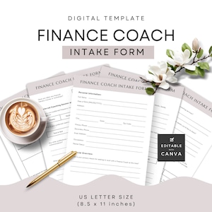 Op de afbeelding: Een printbare intakeformulier voor een financiële coach in US Letter-formaat (8,5 x 11 inch). Het formulier bevat secties voor persoonlijke informatie, voorkeursregeling voor coachingsessies, een financieel overzicht en een ruimte voor notities. De sjabloon is bewerkbaar met Canva.