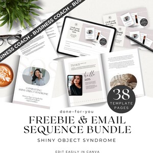 Puede incluir: Una guía de marketing digital con el título "Combating Shiny Object Syndrome" y el texto "How to Stay Grounded in a World of Endless Opportunities". La guía forma parte de un paquete gratuito y una secuencia de correo electrónico para entrenadores de negocios. El paquete incluye 38 páginas de plantillas y es editable en Canva.