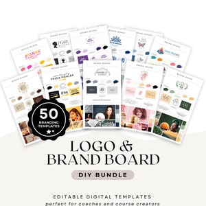 May include: A collection of 50 branding templates for coaches and course creators. The templates feature a variety of logo and brand board designs, including a pink and gold logo with a crown, a black and white logo with a pearl, a blue and purple logo with a butterfly, and a green and white logo with a wreath. The templates are editable and digital.