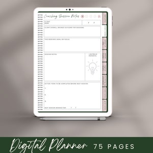 Op de afbeelding: Een digitale plannerpagina met een witte achtergrond en zwarte tekst. De pagina heeft de titel "Coaching Session Notes" en bevat secties voor de naam van de klant, de gewenste uitkomst, het doel van de sessie, notities van de sessie, actiepunten en de volgende geboekte sessie. Er is een lampje-icoon in de rechterbovenhoek van de pagina.