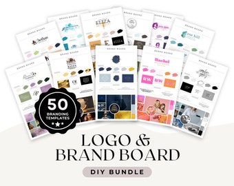 Puede incluir: Una colección de 50 plantillas de marca digitales editables para entrenadores y creadores de cursos. Las plantillas presentan una variedad de diseños de logotipos y tableros de marca con diferentes paletas de colores y fuentes.