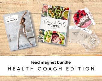 Health Coach Lead Magnet Bundle, Freebie, Fitness Planner & Tracker, Recipe Book, Cookbook, Affirmations, Canva Template | NU11 DFY