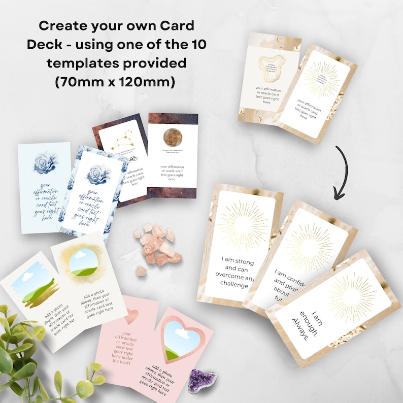 May include: A set of 10 card templates for creating your own card deck. The templates feature different designs, including a starry sky, a moon, a floral pattern, a landscape, and a heart. The cards are 70mm x 120mm.
