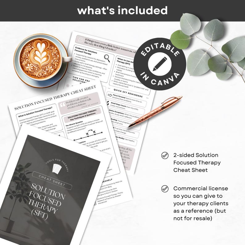 May include: An overhead shot features a latte with latte art, a pen, and several printed sheets. The sheets include the text "Solution Focused Therapy Cheat Sheet" and "Editable in Canva". The image also includes the text "What's Included".