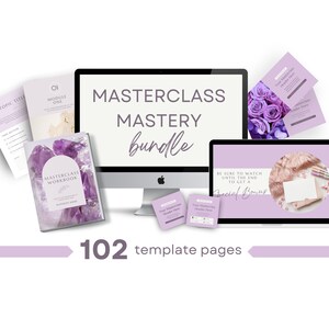 May include: A purple and white digital product bundle with the text "Masterclass Mastery Bundle" and "102 template pages". The bundle includes a workbook, a computer screen, and a phone screen.