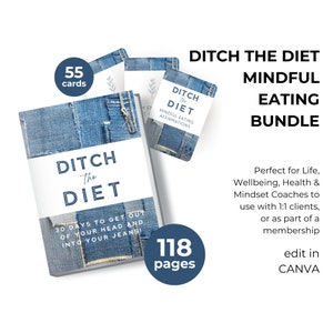 Puede incluir: Un conjunto de recursos de alimentación consciente, que incluye un libro y tarjetas de afirmación. El libro, titulado "Ditch the Diet", tiene 118 páginas. Las tarjetas, con el texto "Ditch the Diet", incluyen 55 tarjetas. La portada y las tarjetas tienen un diseño de mezclilla.
