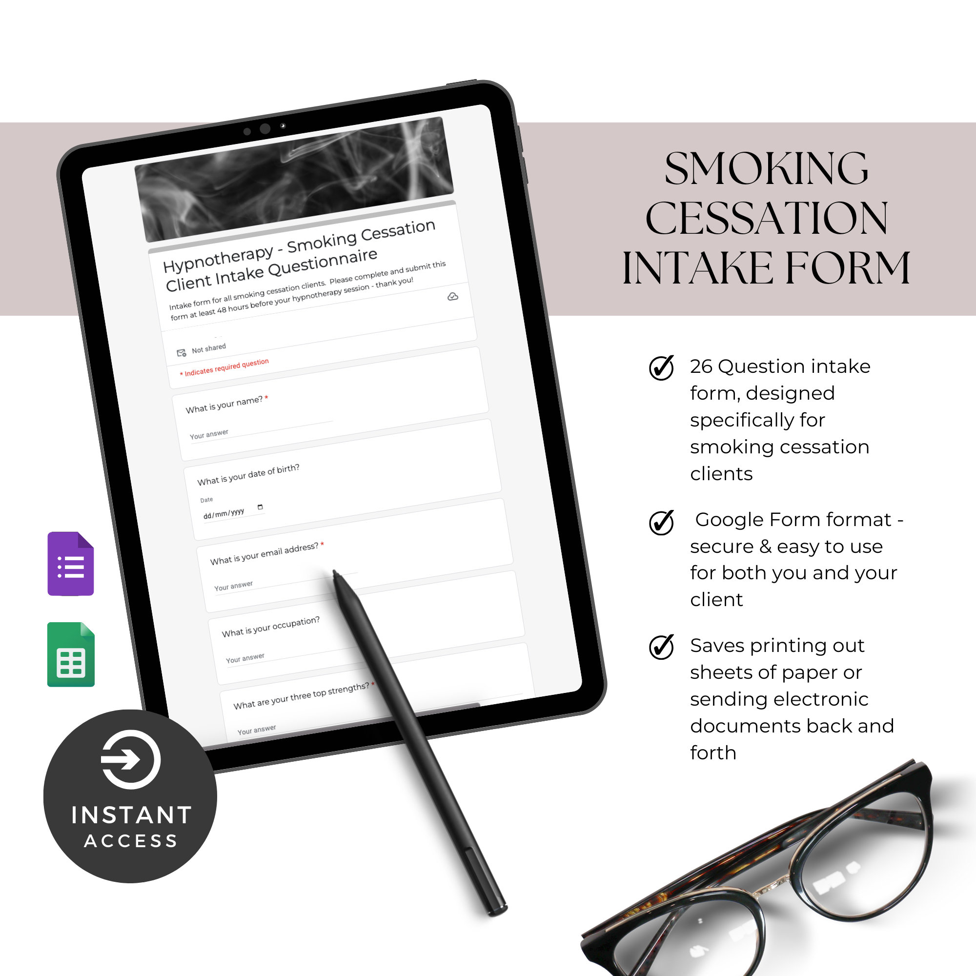 Smoking Cessation Hypnotherapy Intake Form Template, Hypnotherapist