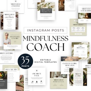 Może przedstawiać: Zbiór 35 szablonów postów na Instagram dla trenera mindfulness. Szablony obejmują różne tematy związane z uważnością, takie jak dbanie o siebie, medytacja i uważne jedzenie. Szablony są edytowalne i można je dostosować do swojej marki.