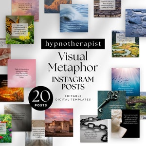 May include: A collage of 20 Instagram post templates for hypnotherapists. The templates feature various visual metaphors, such as a butterfly, a cloud, a key, a chain, and a castle. The text on the templates includes phrases like "Think of relaxation as sinking into a soft cloud" and "Imagine your old habits as chains that dissolve, releasing you to freedom."