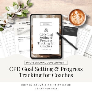 May include: A printable worksheet set for coaches to track their professional development goals and progress. The worksheet set includes a cover page with the title "CPD Goal Setting & Progress Tracking for Coaches" and a section for reflection on current coaching style. The worksheet set is designed to be edited in Canva and printed at home. The text "US Letter Size" is also included on the cover page.