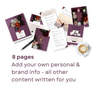 Puede incluir: Una gu&iacute;a imprimible de 8 p&aacute;ginas con un dise&ntilde;o morado y floral. La gu&iacute;a se titula "14 H&aacute;bitos de Personas Exitosas". El texto "Agrega tu propia informaci&oacute;n personal y de marca - todo el contenido restante est&aacute; escrito para ti" tambi&eacute;n est&aacute; incluido.