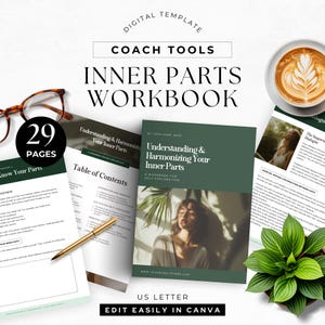 May include: A green and white digital workbook titled "Understanding & Harmonizing Your Inner Parts" with a table of contents and 29 pages. The workbook is designed for self-exploration and includes exercises for working with inner parts.