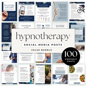 May include: A collection of 100 portrait social media posts on the topic of hypnotherapy. The posts feature various text-based graphics with phrases like "Do you bite your nails?" and "Hypnotherapy is NOT".