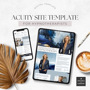 May include: A digital template for a website for a hypnotherapist. The template is designed to be used with Acuity Scheduling. The template features a blue and gold color scheme with a watercolor background. The text on the template says "transform your life with hypnotherapy".