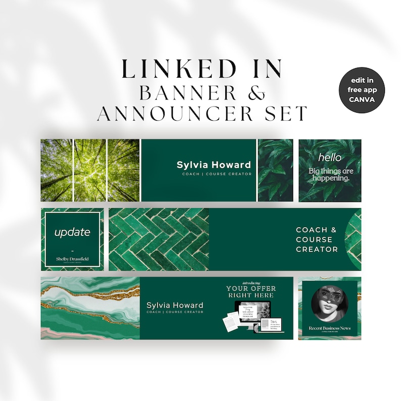 May include: A set of green and white social media banner templates for a coach or course creator. The templates feature text that says "update", "hello", "big things are happening", "coach & course creator", and "your offer right here". The templates also feature images of a forest, brick, marble, and a woman wearing a mask.