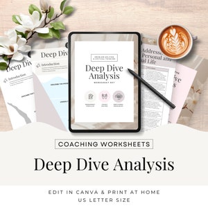 May include: A digital tablet displaying a worksheet titled "Deep Dive Analysis" with a checklist, coach helper, and additional resources icons. The worksheet is part of a coaching worksheet set for problem solving and critical thinking. The tablet is on a wooden surface with a cup of coffee and a flower arrangement.