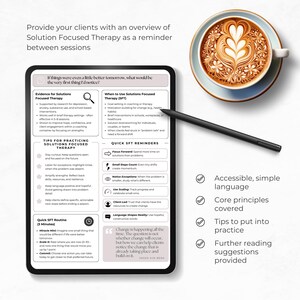 May include: A digital tablet displays information on Solution Focused Therapy, with bullet points and a quote. A black stylus rests on the screen. A cup of coffee with latte art sits nearby.