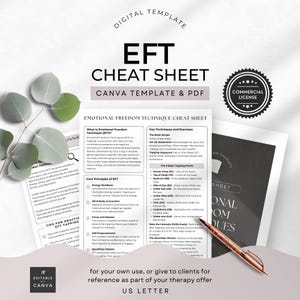 May include: EFT cheat sheet template in US Letter size. The document includes information on Emotional Freedom Technique, key techniques, and exercises. A commercial license seal is visible. A pen rests on the document.