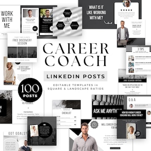 Op de afbeelding: Zwart-witte grafische sjablonen voor LinkedIn-berichten. De sjablonen bevatten een verscheidenheid aan ontwerpen, waaronder tekst, afbeeldingen en pictogrammen. De tekst bevat zinnen als "Carrièrecoach", "Stel me alles" en "Zou carrièrecoaching voor mij werken?"