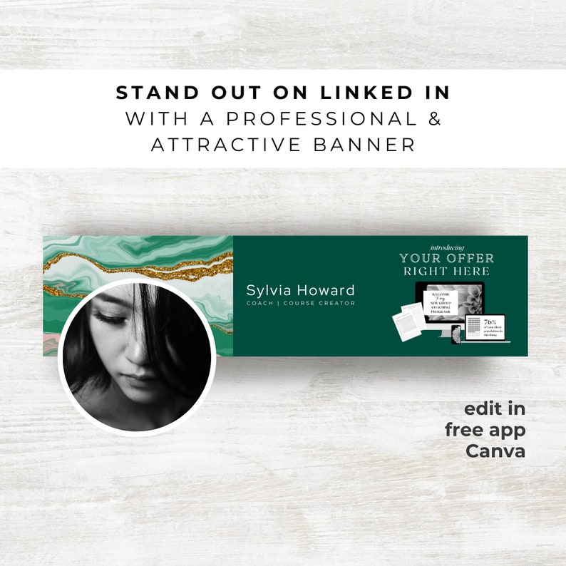 May include: A green and gold abstract background with a woman's face in a circle. The text "Sylvia Howard COACH | COURSE CREATOR" is on the right side of the image. The text "YOUR OFFER RIGHT HERE" is on the right side of the image. The text "edit in free app Canva" is at the bottom of the image.