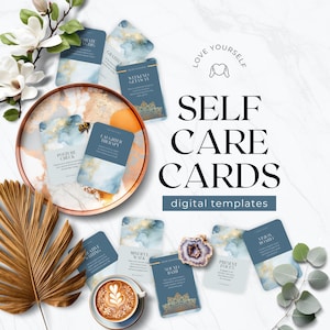Self Care Activity Cards Template, Printable, Wellness Mindfulness, Done For You Freebie Lead Magnet Commercial Use, Edit in Canva Blue Gold