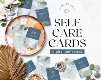 Self Care Activity Cards Template, Printable, Wellness Mindfulness, Done For You Freebie Lead Magnet Commercial Use, Edit in Canva Blue Gold