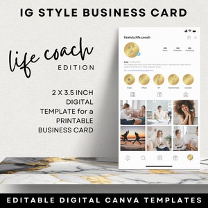 Insta style Business Card for Coach, IG biz brand Canva template Printable Instagram, Unique Branding Visual Biz Card Black Gold Metallic
