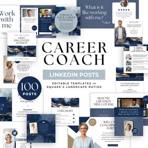 LinkedIn-inlägg Canva-mall Karriärcoach Personligt varumärke Kampanjpaket för sociala medier Råd om karriärövergång Vägledning Marinblå guld estetik
