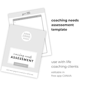 Peut inclure: Un modèle de liste de contrôle d'évaluation des besoins de coaching imprimable gris et blanc. Le modèle comprend une liste de contrôle, un espace pour un logo et une section pour que l'utilisateur puisse écrire son propre titre. Le texte sur le modèle indique "Coaching Needs Assessment Checklist" et "Audit what's going on to help get a real picture".