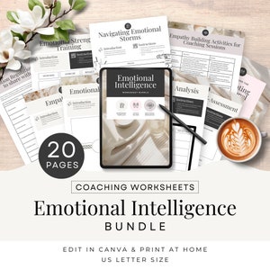 Worksheet Bundle for Life Coaches, Emotional Intelligence Tools, Digital Download, EQ Assessment Editable in Canva, Printable, Neutral CW1