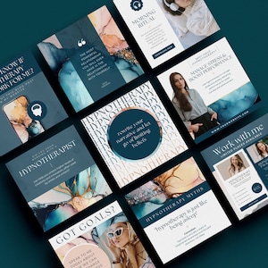 May include: A collection of social media graphics for a hypnotherapy business. The graphics feature abstract watercolor backgrounds in shades of blue, pink, and gold. The text on the graphics includes "Hypnotherapy", "Got Goals?", "Morning Ritual", "Why Have Hypnotherapy?", "Manage Stress & Boost Performance", "Work with me", and "Hypnotherapy Myths".