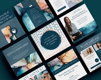 Modèle Canva pour publications Insta sur l&#39;hypnose, hypnothérapeute, flux Instagram IG, réseaux sociaux, promotion hypnose, lot d&#39;encres alcoolisées bleu sarcelle or Moody