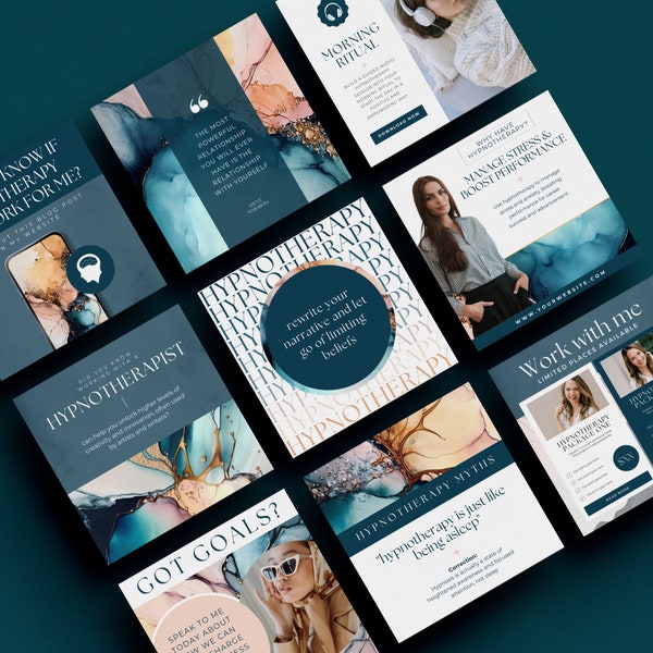 Hypnotherapy Insta Posts Canva Template, Hypnotherapist Instagram IG Feed Social Media, Hypnosis Promo, Teal Gold Moody Alcohol Ink Bundle