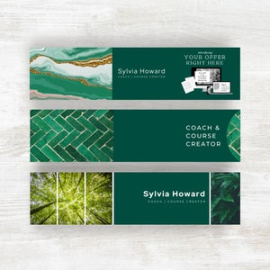 May include: Three green and white banner designs with text that reads "Sylvia Howard, Coach | Course Creator" and "Introducing Your Offer Right Here" and "Coach & Course Creator". The first banner has a green and white marble design with gold glitter. The second banner has a green brick pattern. The third banner has a green forest background.