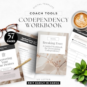 Op de afbeelding: Een digitaal werkboek met de titel "Breaking Free: A Guided Workbook for Overcoming Codependency" met een bloemenontwerp. Het werkboek heeft 57 pagina's en is ontworpen om te worden bewerkt in Canva. Het werkboek is in US Letter-formaat.