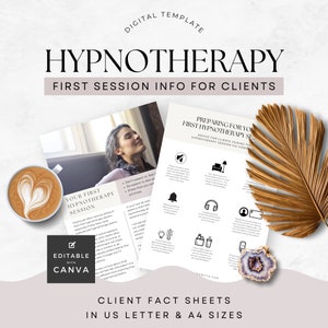 Könnte beinhalten: Eine digitale Vorlage für Hypnotherapie-Klienten. Die Vorlage enthält Informationen zur Vorbereitung auf die erste Hypnotherapiesitzung, einschließlich Ratschläge für Klienten, die an der Sitzung per Video teilnehmen. Die Vorlage ist mit Canva bearbeitbar und in den Formaten US Letter und A4 verfügbar.